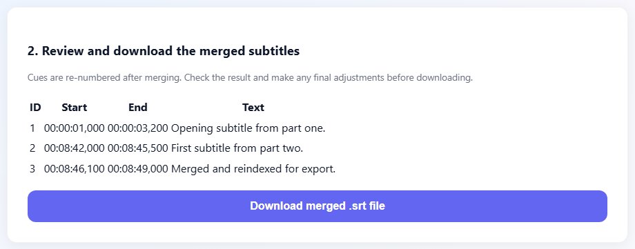 Merge Subtitles interface showing reindexed SRT cues