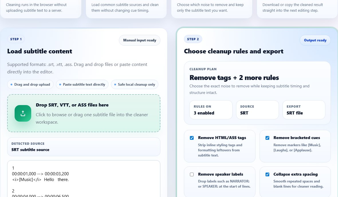 Subtitle Cleaner interface showing SRT input and cleanup rules